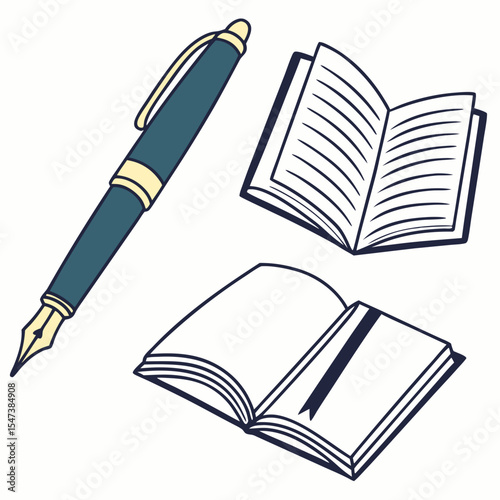 Professional pen and open books illustration, transparent background