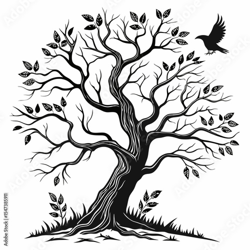 Majestic black tree silhouette with crow