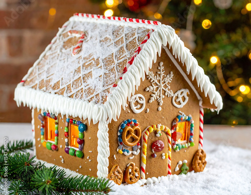 Charming gingerbread house, a festive symbol of holiday cheer. Perfect for illustrating baking, traditions, home, warmth, and Christmas joy. Use for seasonal designs.