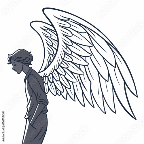 Angelic figure with large wings line art illustration