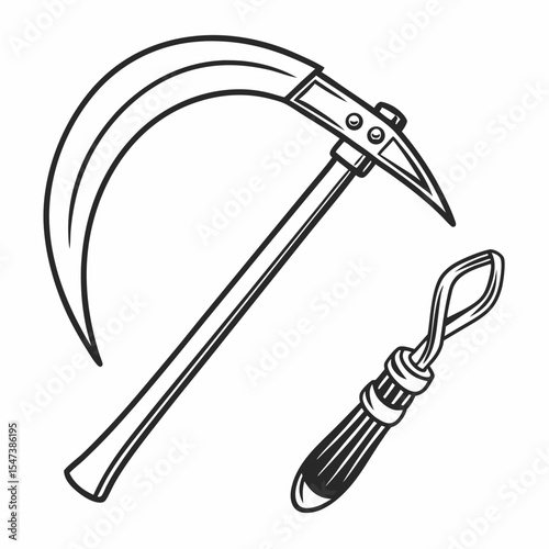 Scythe and sickle vintage farm tools illustration