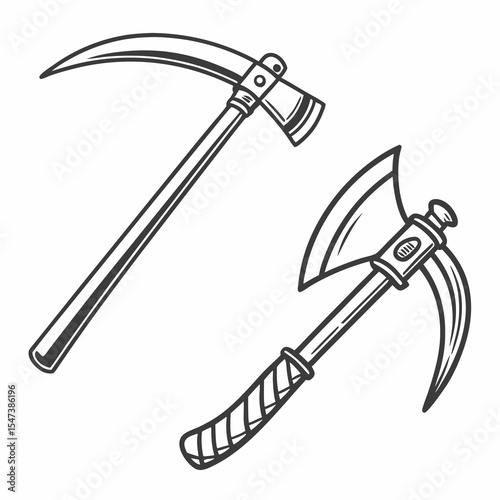 Hand drawn scythe and axe tools illustration