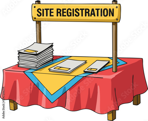 Cartoon Site Registration Table with Red Cloth and Yellow Sign
