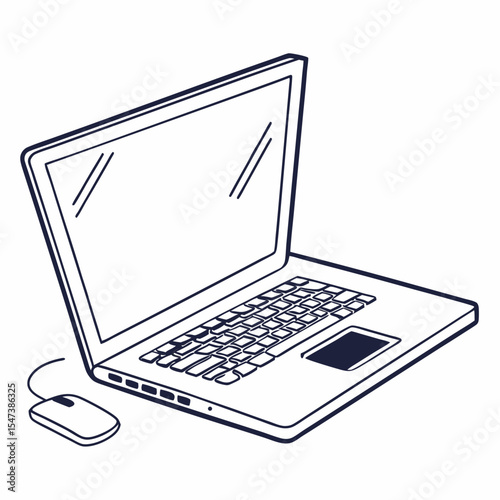 Laptop computer with mouse simple line art illustration