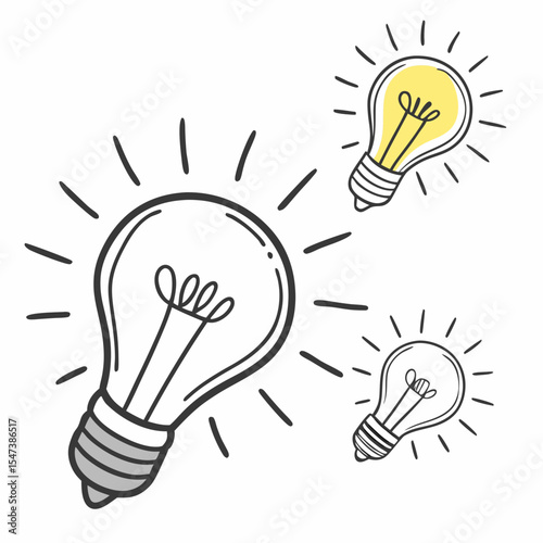 Three hand drawn light bulbs idea concept design