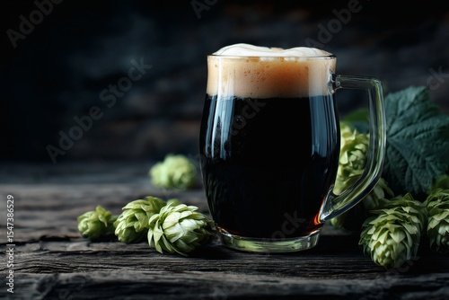 Mug of dark stout beer with fresh hops, Rustic craft beer with foam and hops, Traditional pub drink concept with moody lighting