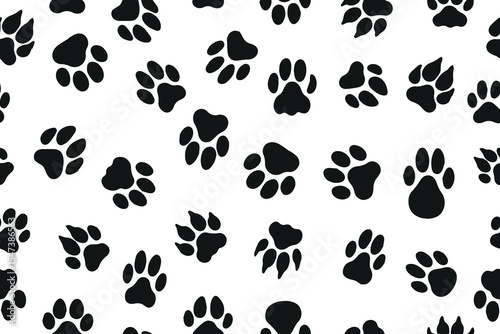 Pet paw seamless pattern, dog or cat paw print texture, animal background, grunge stamp repeat, footprint wallpaper. Black silhouettes of pet paws. Abstract paw wallpaper. Vector