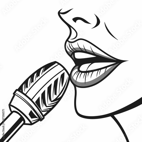 Woman singing into microphone, clean cutout, transparent background