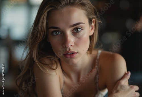 Young woman with raised eyebrows expressing surprise and curiosity