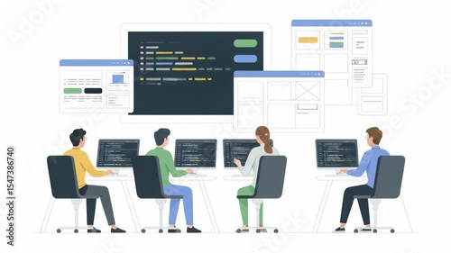 Young Team Collaborating on Web Development Tasks Using Multiple Computer Displays in Office Setting