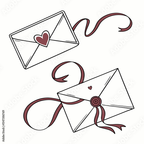 Two lovely envelopes with ribbons, isolated illustration