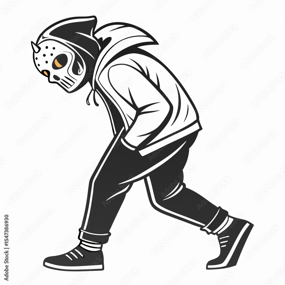 Fototapeta premium Hooded figure in skull mask walking illustration