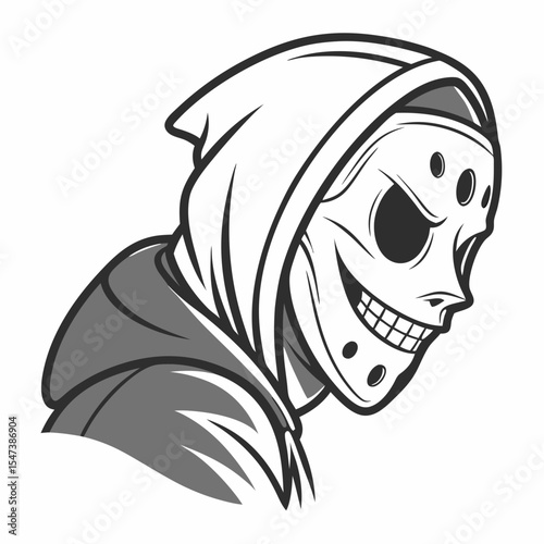 Hooded figure wearing skull hockey mask