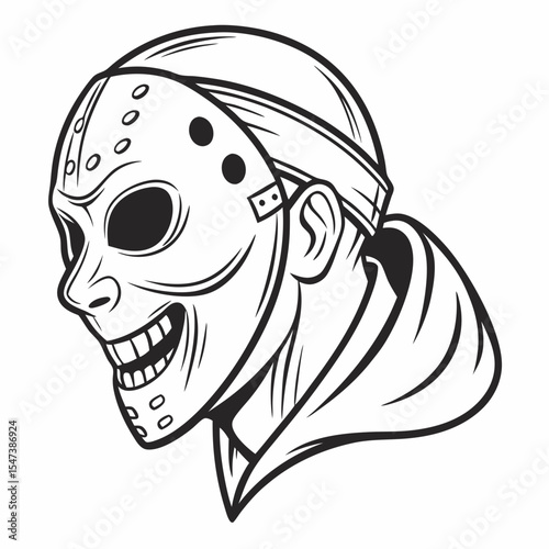 Creepy hockey mask wearing man profile illustration