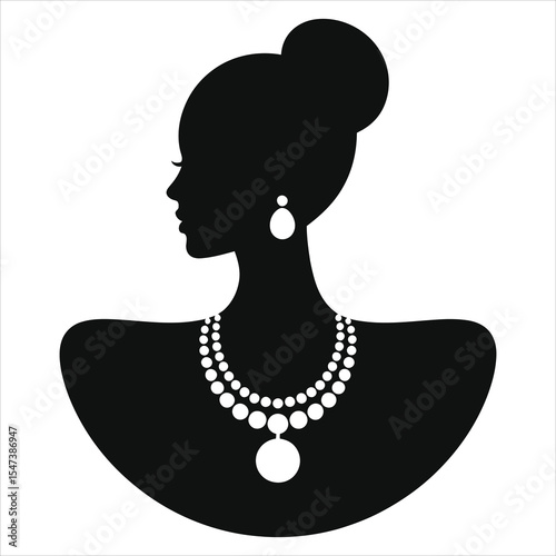 ( Opera-length necklace)Elegant Silhouette of a Woman Wearing Exquisite Jewelry/A sophisticated black and white silhouette of a woman in profile view, adorned with a pearl necklace and earrings.