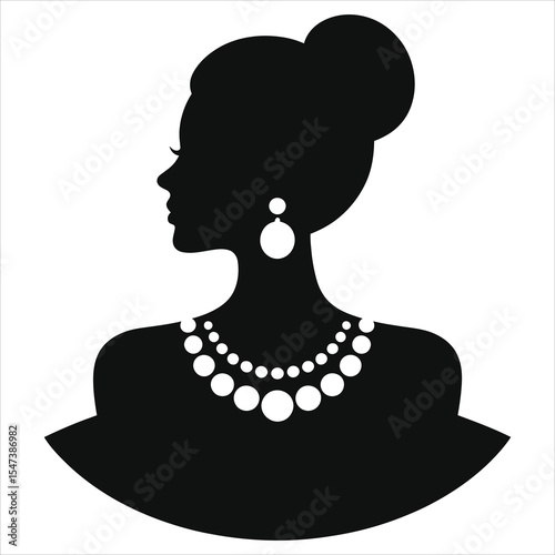 ( Opera-length necklace) Elegant Woman Silhouette with Jewelry/A sophisticated silhouette of a woman in profile view, adorned with a pearl necklace and earrings.
