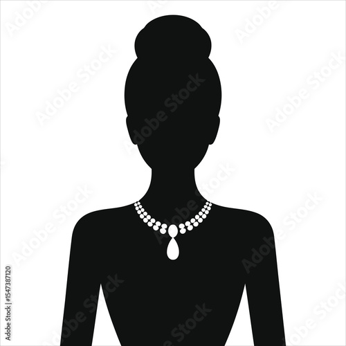 ( Princess-length necklace)Elegant Silhouette of a Woman Wearing a Pearl Necklace/A simple, elegant silhouette of a woman with a sophisticated updo hairstyle and a pearl necklace.