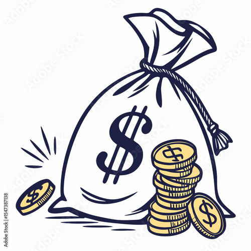 Money bag overflowing with gold coins and dollars