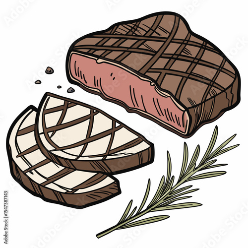 Grilled steak slices rosemary garnish delicious food