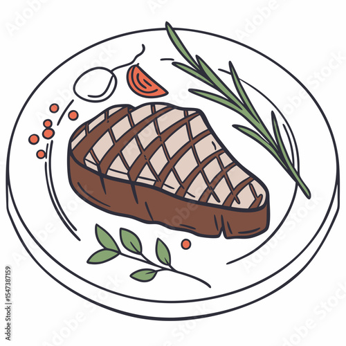 Grilled steak dinner plate rosemary herbs garnish