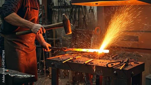 Man blacksmith hammering hot metal in workshop. Traditional forging art with sparks flying. Iron craft and metalwork process footage.