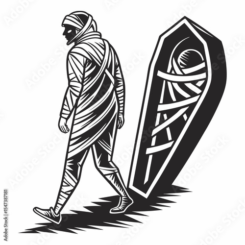 Mummy walking away from coffin halloween illustration