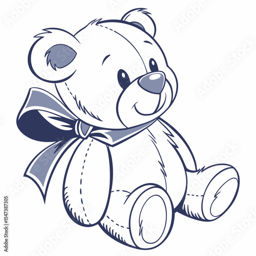 Adorable teddy bear with blue ribbon bow sitting