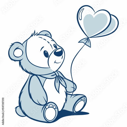 Cute teddy bear holding heart shaped balloons