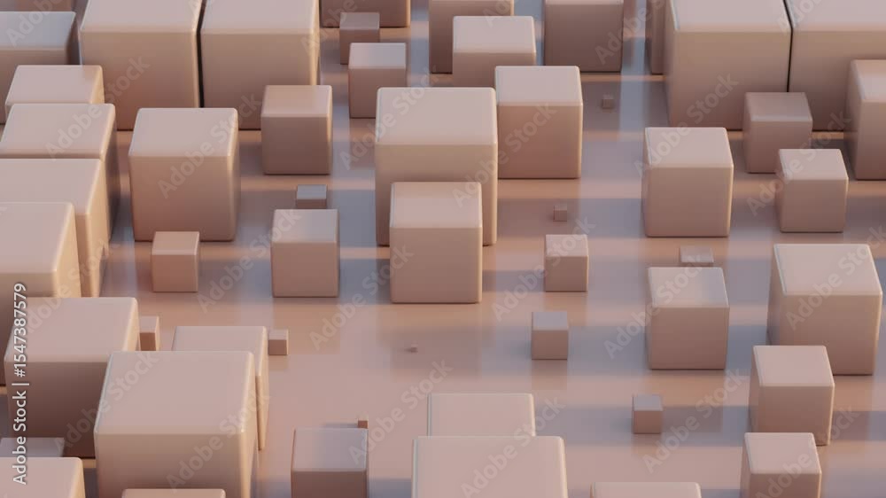 Abstract 3D background with mocha mousse-colored cubes in synchronized motion across clean geometric grid layout, seamless loop animation for minimal visual identity, design backdrops