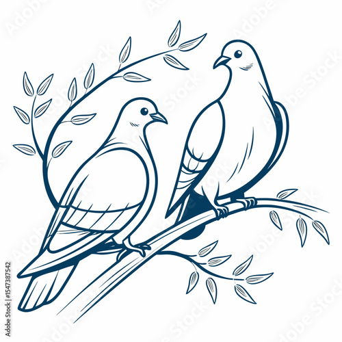 Two doves perched on branch spring leaves