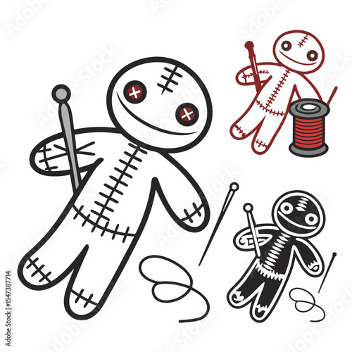 Cute voodoo dolls with needles and thread, isolated