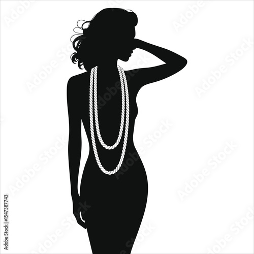 (Rope-length necklace)Elegant Silhouette of a Woman Wearing a Pearl Necklace/A sophisticated silhouette of a woman, likely from a fashion or jewelry ad campaign.