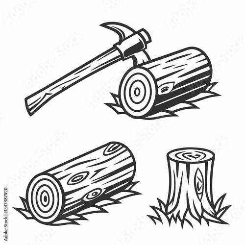 Lumberjack tools wood logs tree stump graphic design