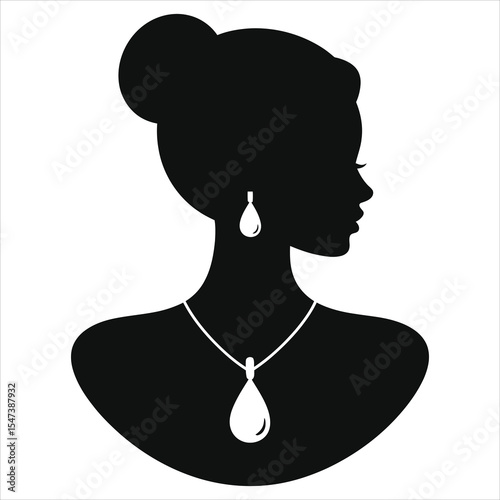 ( Teardrop pendant) Elegant woman silhouette with jewelry, perfect for fashion or beauty/A profile view of a woman's head and shoulders, depicted as a simple, elegant silhouette.