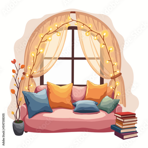 Cozy reading nook with fairy lights, soft pillows, and stacked books by window.  Inviting reading space features warm lighting, comfortable cushions, and a collection of novels.