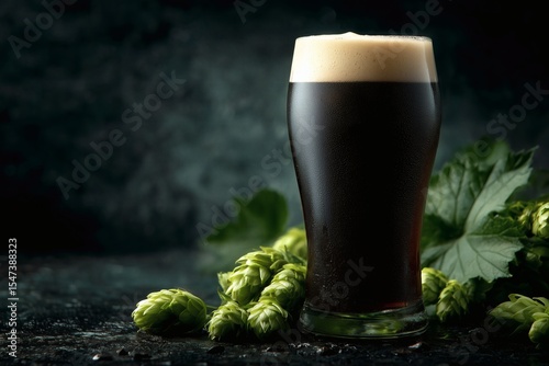 Dark beer with foam and fresh hops on table, Pint of stout beer with leaf background, Rustic drink concept for bar or brewery branding