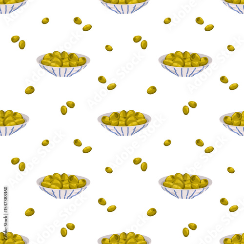 Cartoon vector pattern of olive branches and green olives in a bowl. Hand drawn seamless simple design for Mediterranean cuisine visuals, packaging, culinary fabric, menu graphics, print
