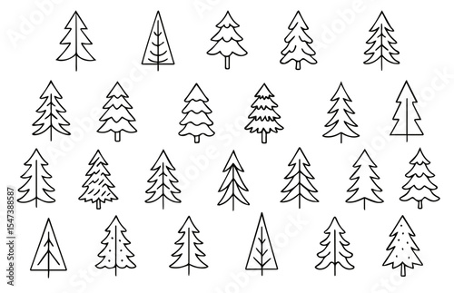 Christmas trees set. Christmas tree icons. Hand drawn in doodle style. Perfect design for greeting cards, posters, t-shirts, banners, flyers, web, print invitations. Vector illustration