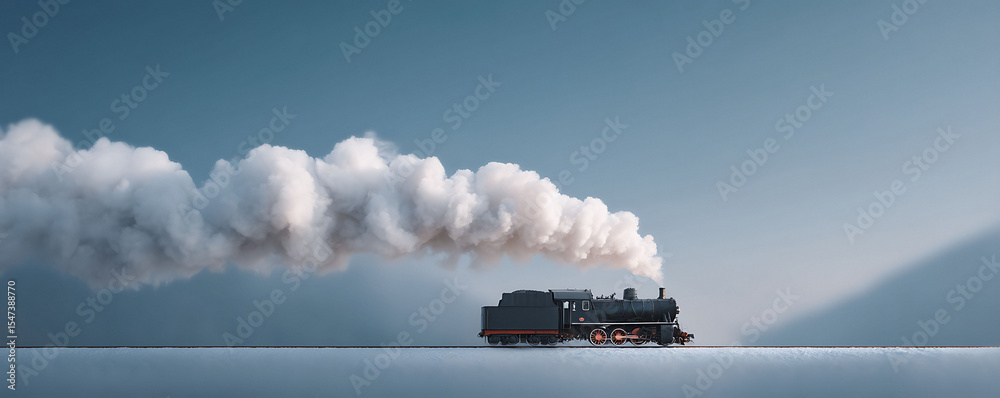 Fototapeta premium Vintage steam engine powerfully chugging along rails, emitting white smoke. Represents progress, history, industry. Perfect for travel, transportation, nostalgia.