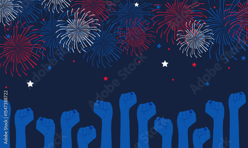 4th of July celebration background with firework, stars confetti with riased hands in blue color. Perfect for Independence Day, patriotic events.