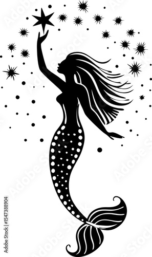 Silhouette illustration of mermaid reaching for star with flowing hair and decorative aquatic elements