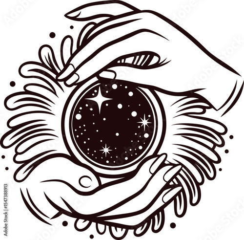 Mystical hands holding cosmic sphere with stars and swirling energy in vintage etched illustration