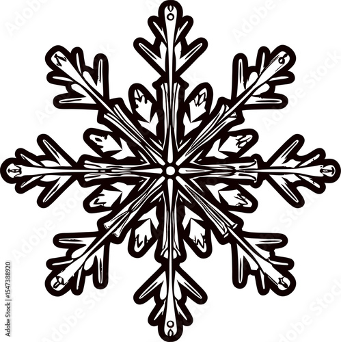 Hand drawn symmetrical snowflake illustration with intricate detailed lines and winter holiday design elements