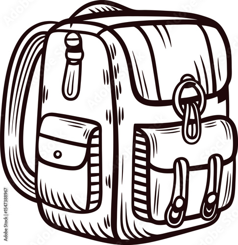 Vintage engraved illustration of a classic hiking backpack with multiple pockets and detailed leather straps