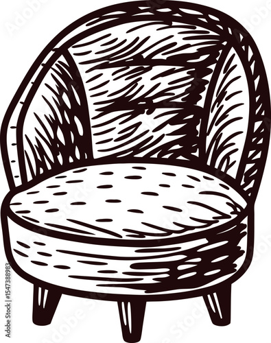 Hand drawn armchair illustration with textured upholstery and rounded backrest in engraved vintage