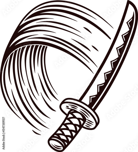 Vintage engraved drawing of a japanese katana sword in motion with sweeping blade effect
