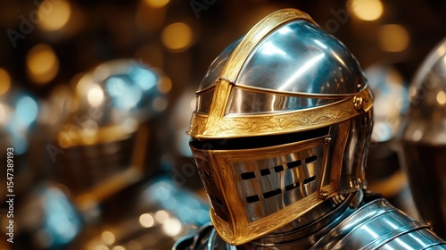 A close-up of a knight's armor featuring intricate details and a shiny finish. The image reflects the rich history of medieval warfare and craftsmanship.