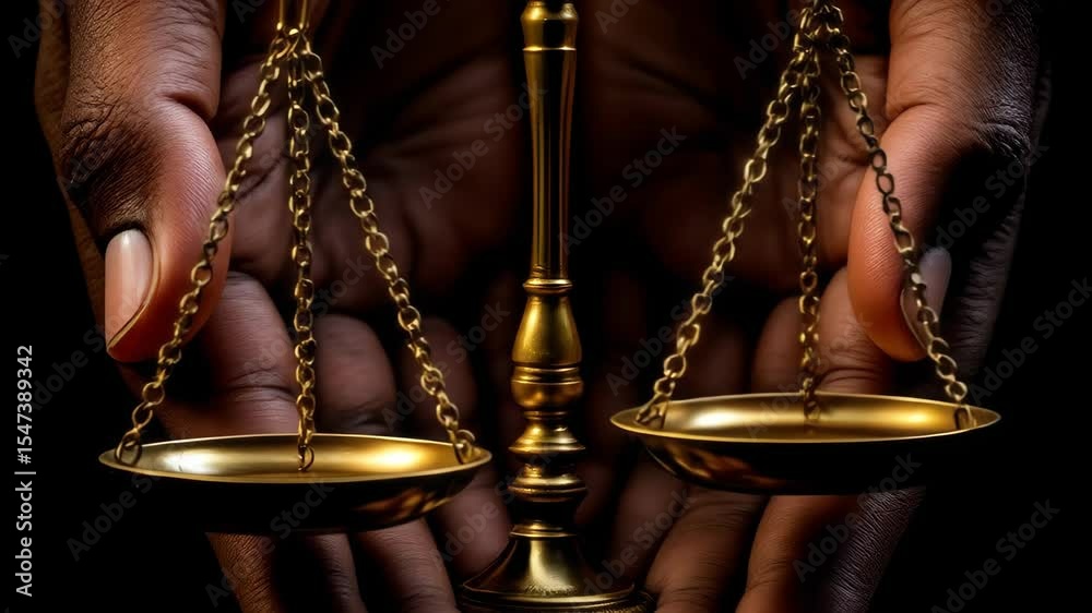 Close-up of Hands Holding Golden Scale: Symbolizing Justice and Balance
