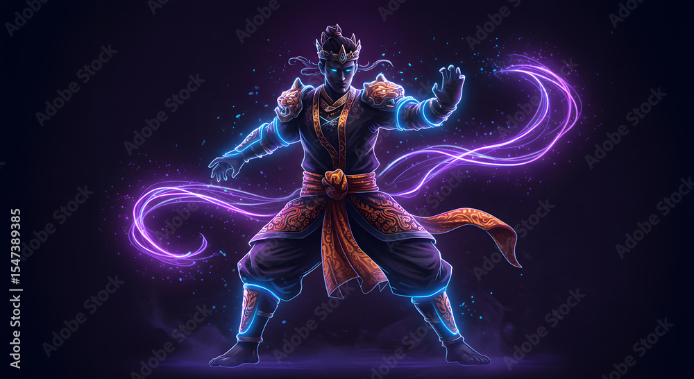 Mystical Warrior in Batik-Inspired Armor with Neon Energy Flow Mystical Warrior in Batik-Inspired Armor with Neon Energy Flow
