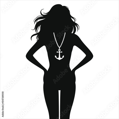 Elegant Silhouette of a Woman with an Anchor Necklace/A stylish, minimalist silhouette of a woman with flowing hair, wearing a pearl necklace featuring an anchor pendant.